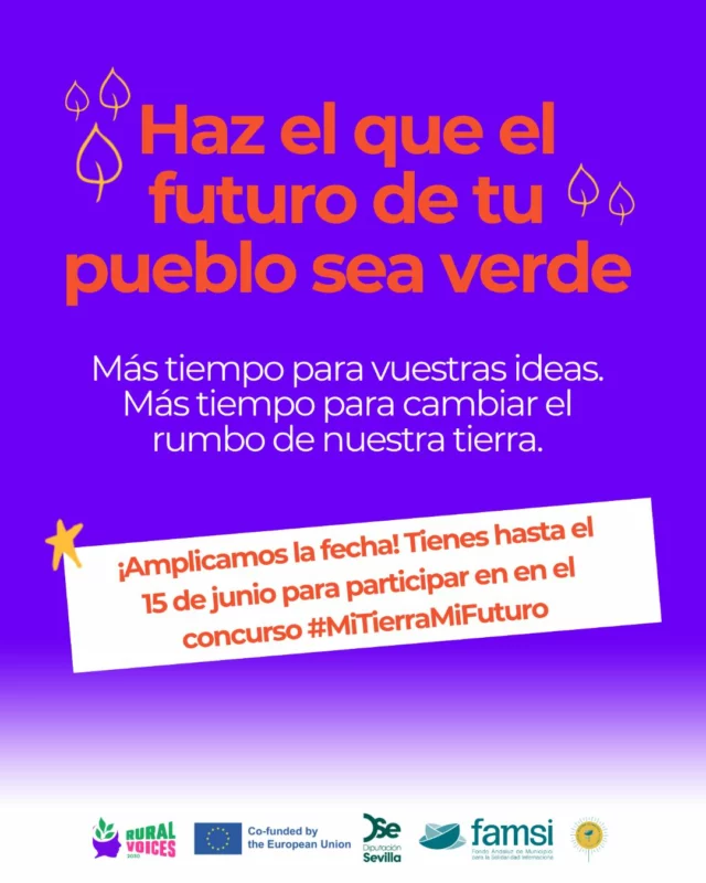 🚨¡Buenas noticias, juventud rural! 
💚Porque vuestro talento y vuestras ideas no entienden de prisas, AMPLIAMOS EL PLAZO para participar en el concurso #MiTierraMiFuturo de Rural Voices 2030.
🤔 ¿Estás liderando ya una iniciativa verde en tu pueblo o tienes en mente ese proyecto para proteger nuestro suelo?✌🏻 ¡Es hora de que la juventud rural tome el mando y demuestre su poder! 
⏳ Nueva fecha límite: Tienes hasta el 15 de junio para subir tu foto o vídeo a Instagram.
¡El futuro de nuestra tierra lo escribes tú! 🚀
🔗 Toda la info y bases completas en el link de nuestra biografía o aquí ➡️https://ruralvoices2030.famsi.es/nuevo-concurso-mi-tierra-mi-futuro-es-hora-de-que-la-juventud-rural-tome-el-mando/ 

#RuralVoices2030 #ProgramaeuDEAR #ConcursoRuralVoices2030
